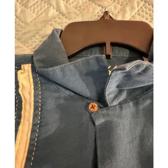 Caribbean silk blend blue short sleeve collared button up dress shirt size Large - Picture 5 of 10